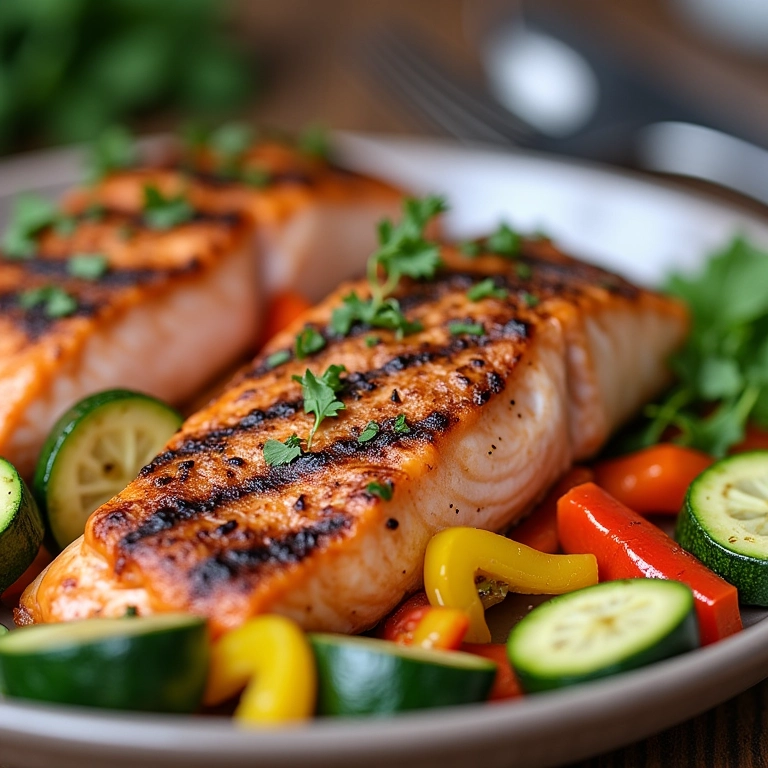 Salmão grelhado com legumes salteados frescos.