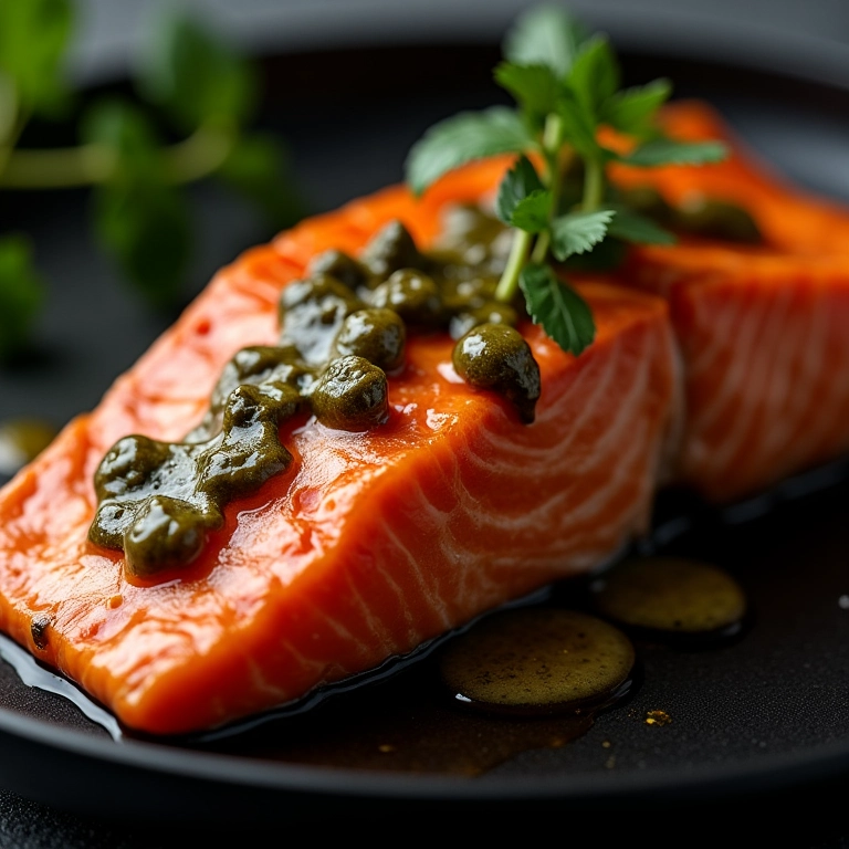 Salmão grelhado com molho de alcaparras.