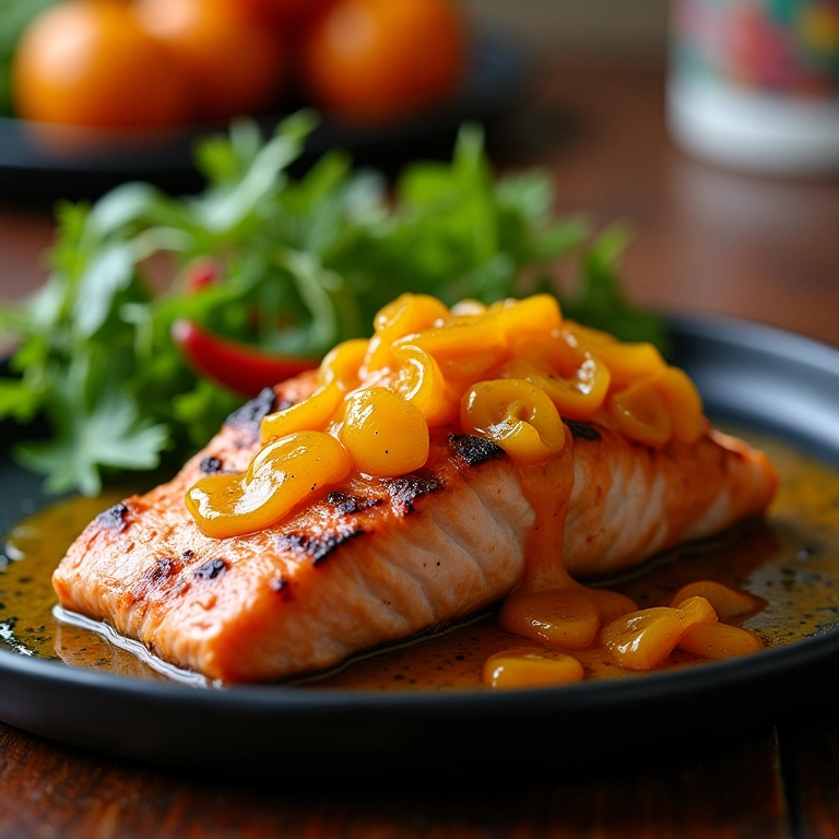 Salmão grelhado com molho de maracujá agridoce.