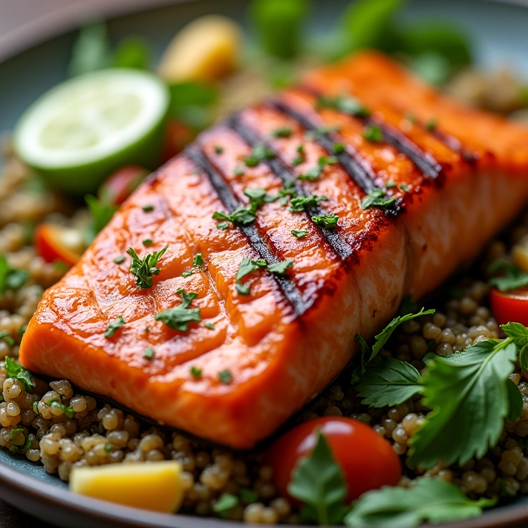 Salmão grelhado sobre salada de quinoa nutritiva.