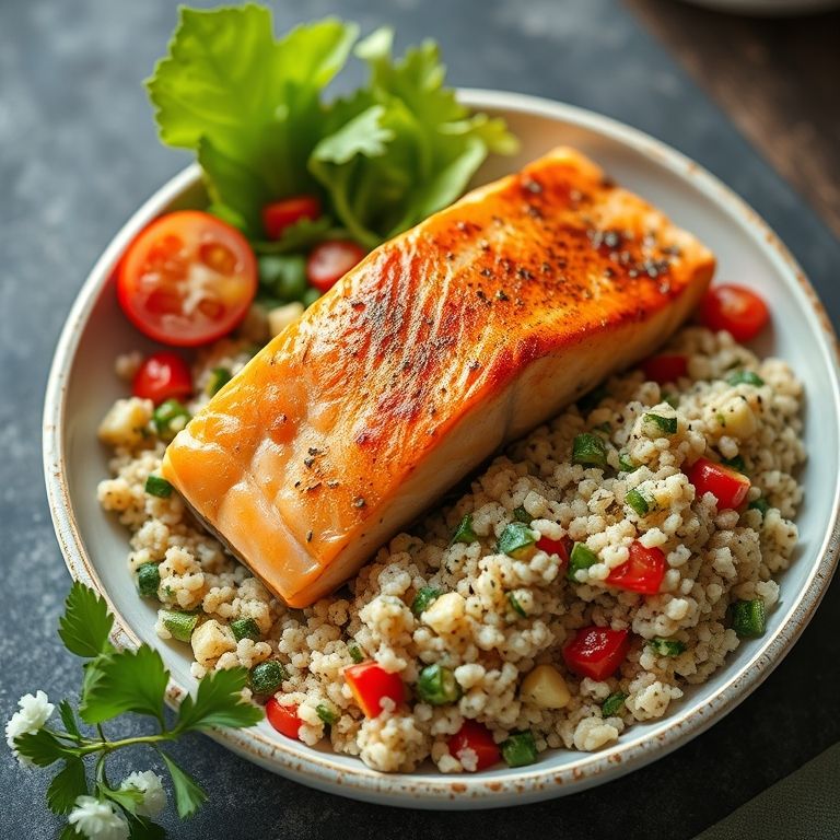 Salmão marinado com salada de quinoa e legumes.