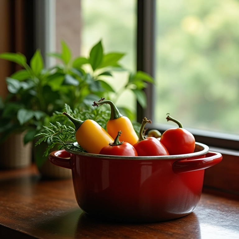 Salsinha e cebolinha juntas em um vaso na janela da cozinha.