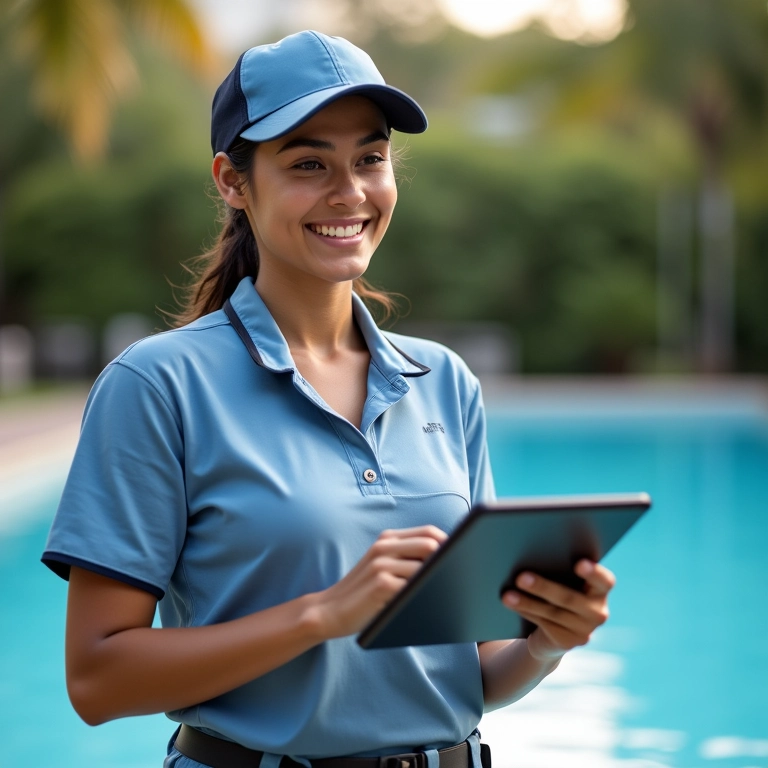 Salva-vidas MEI sorrindo, usando tablet.