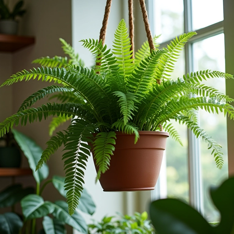 Samambaia de metro em cesto suspenso, boa circulação de ar.