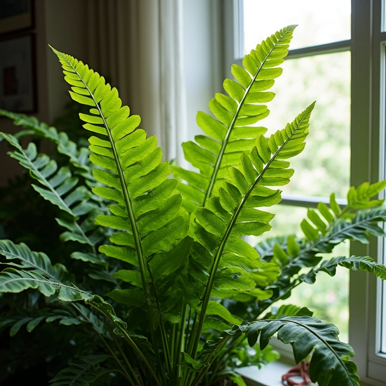 Samambaia de metro gigante e saudável perto da janela.