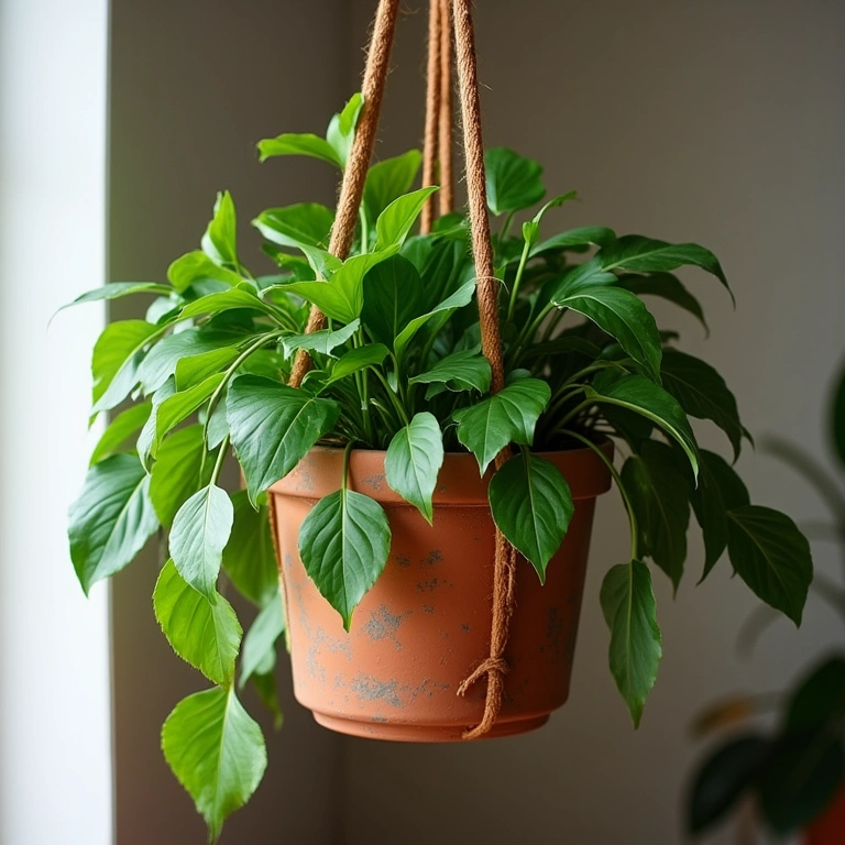 Samambaia exuberante em vaso suspenso na sala.