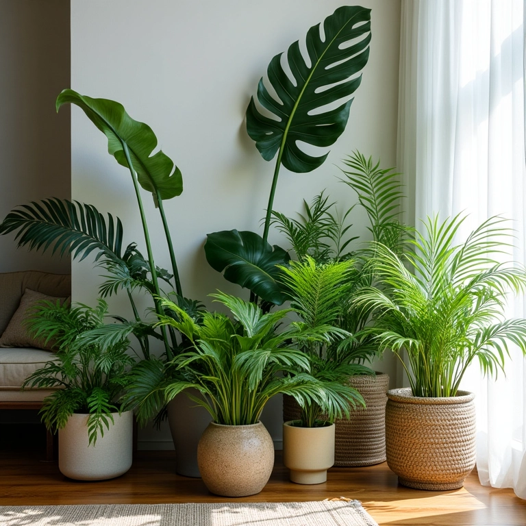Samambaias e costela-de-adão exuberantes na sala de estar.