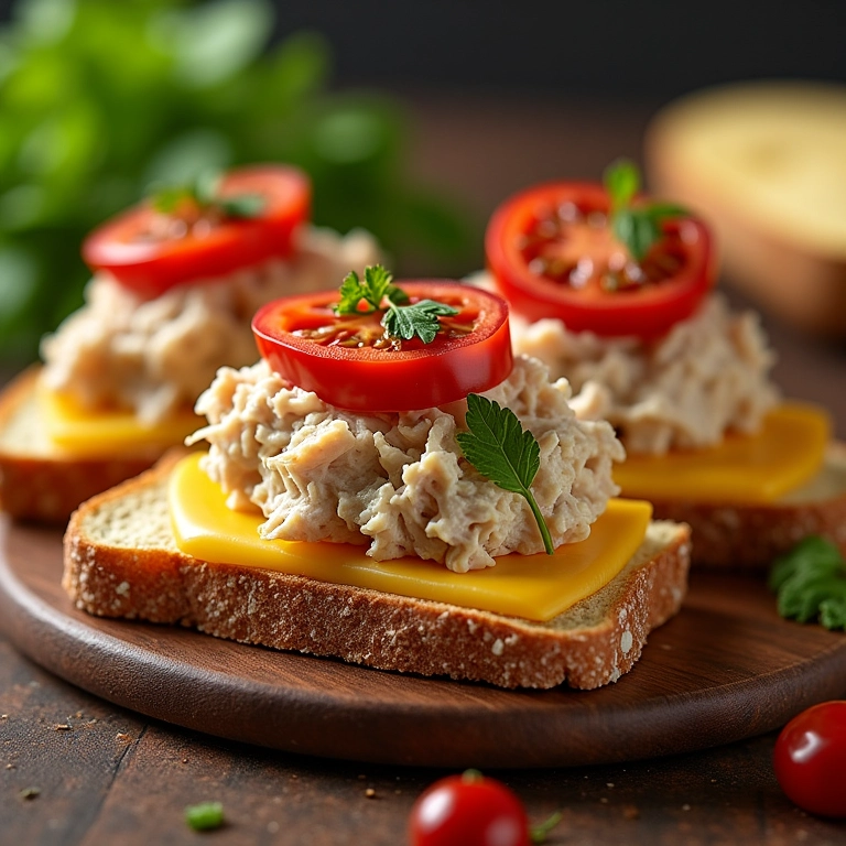 Sanduíche de atum com queijo e tomate seco em pão rústico.