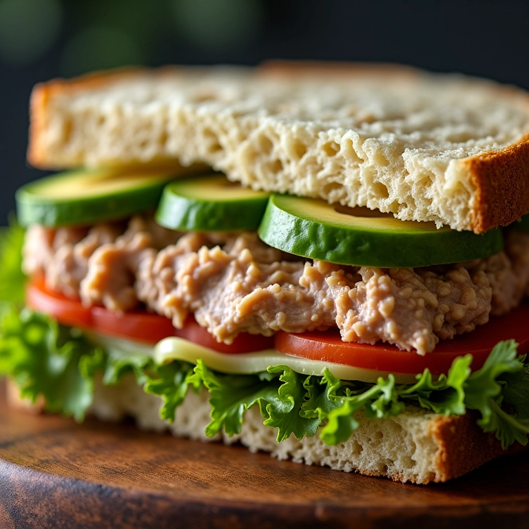 Sanduíche de atum turbinado com vegetais frescos, abacate e brotos.