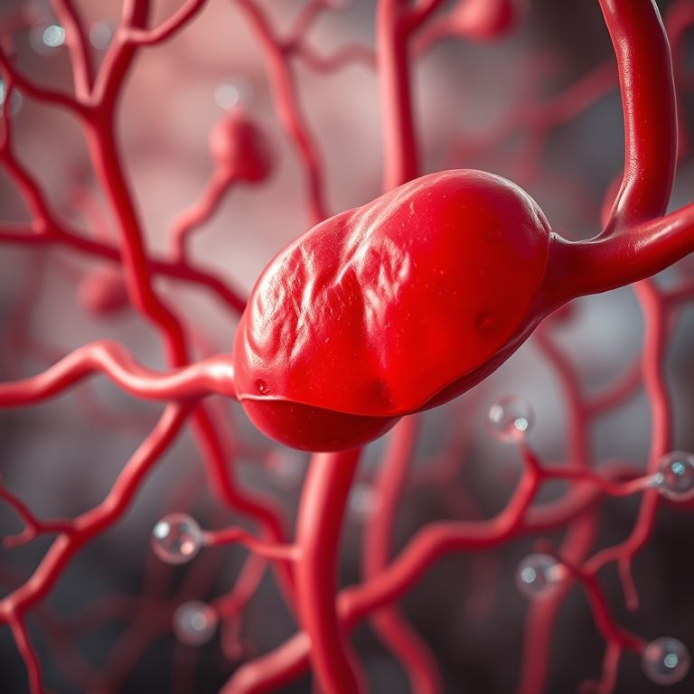 Sangue fluindo em artérias, com moléculas de oxigênio se ligando à hemoglobina.