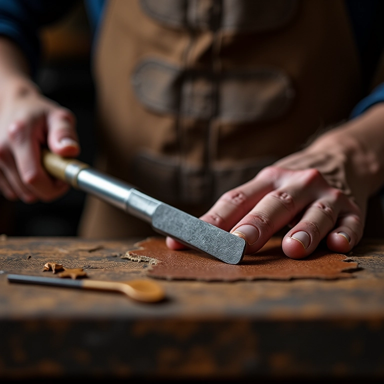 Sapateiro afiando ferramenta de corte.