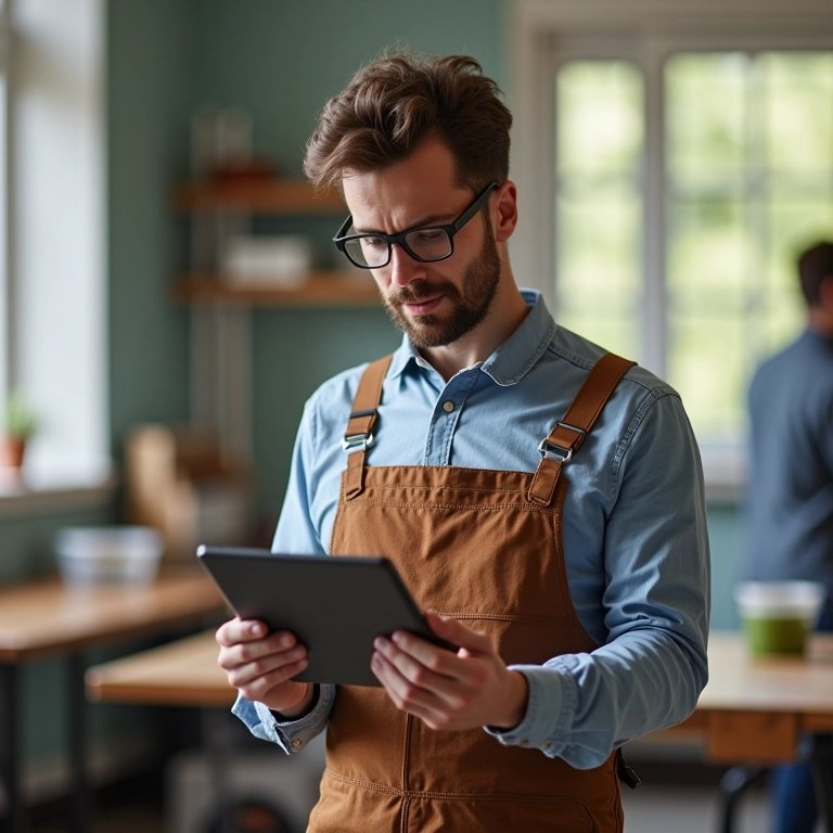 Sapateiro analisando formulário de imposto simplificado em tablet.