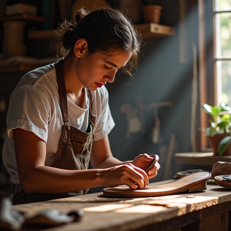 Sapateiro fabricando sandália artesanal.