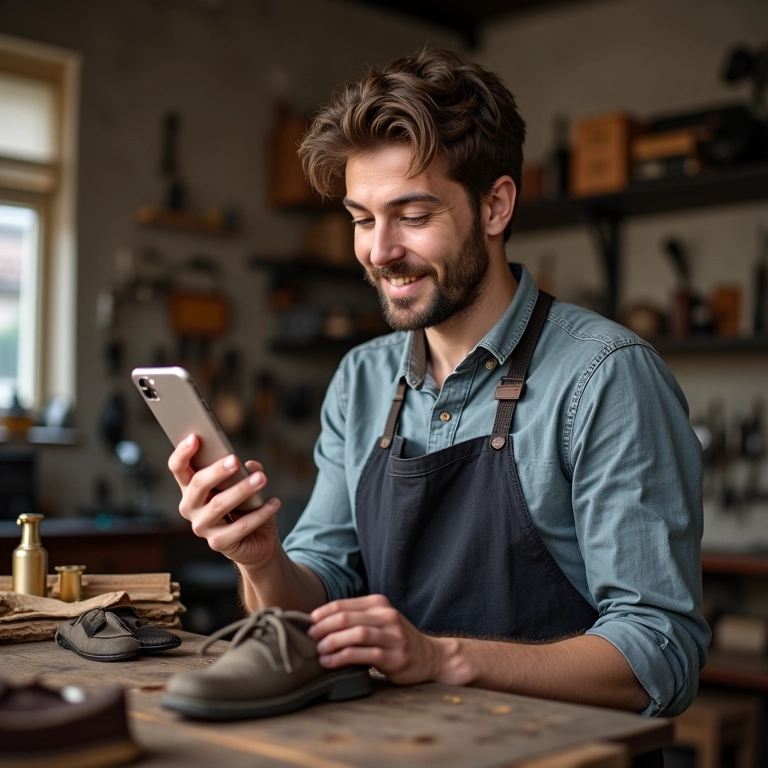Sapateiro recebendo notificação de aprovação de crédito.