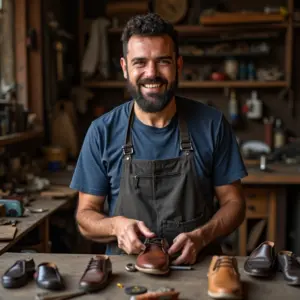 Sapateiro Pode Ser MEI Para Consertos e Fabricação Sapateiro sorrindo em sua oficina, cercado de ferramentas e sapatos.
