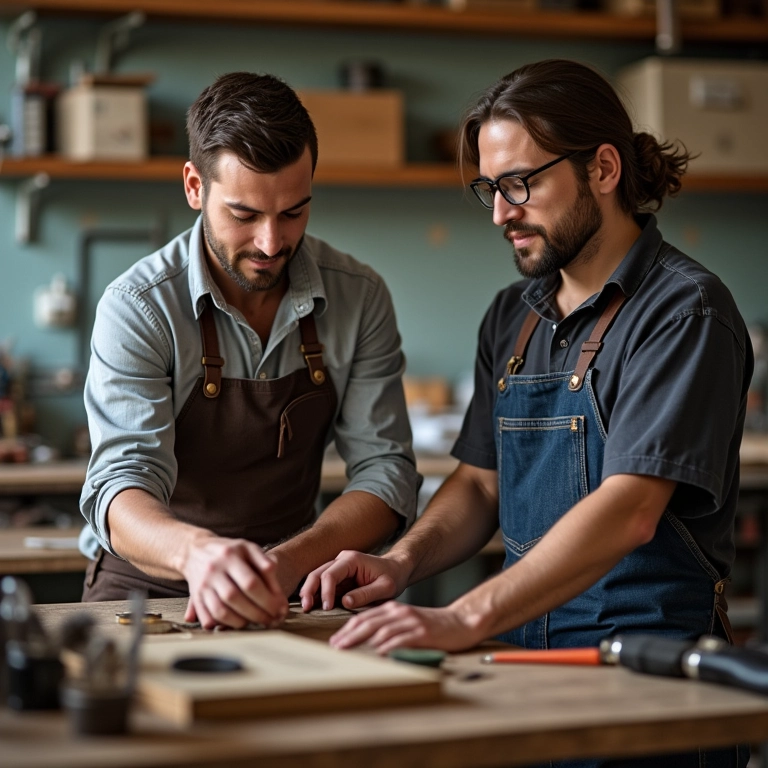 Sapateiro trabalhando com funcionário em oficina.