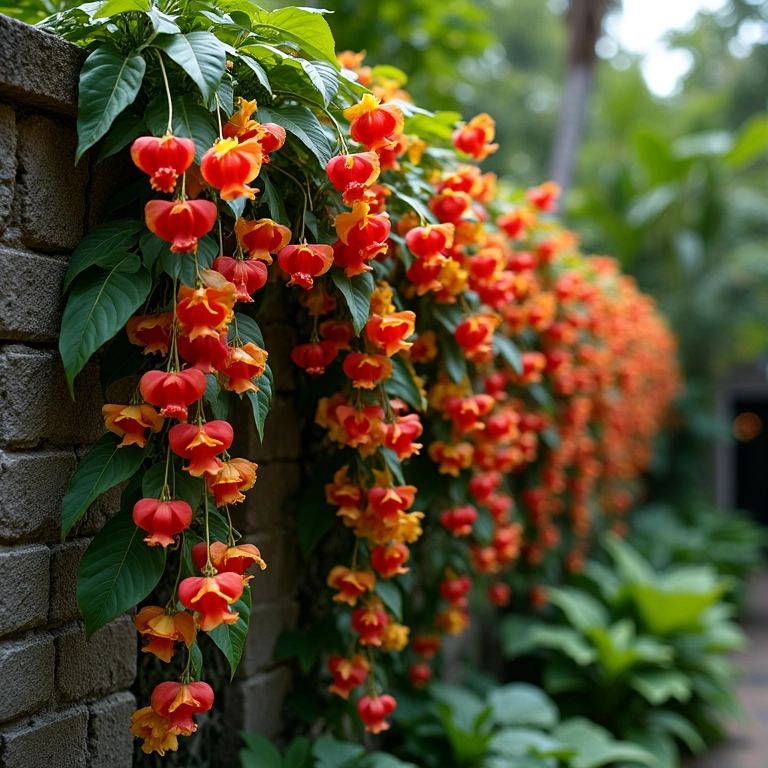 Sapatinho-de-Judia com flores vermelhas e amarelas únicas caindo sobre um muro.