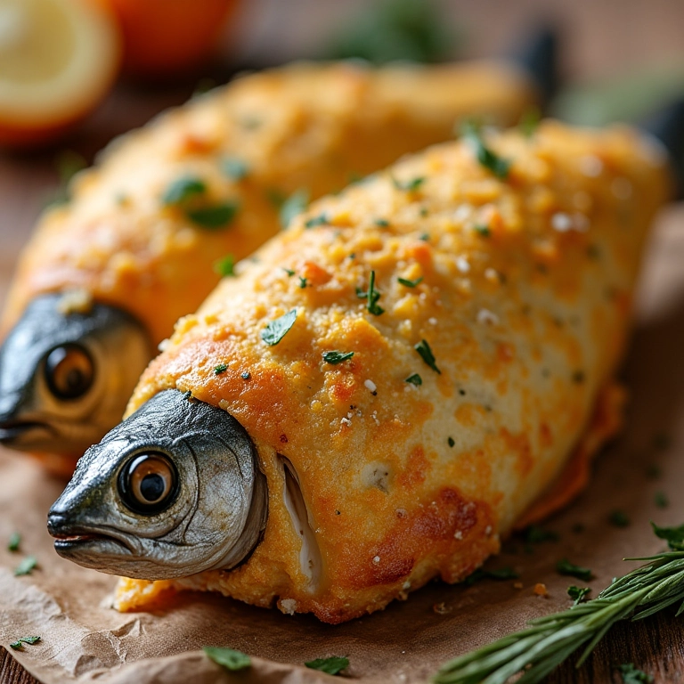 Sardinha assada com crosta de pão e parmesão, receita crocante.