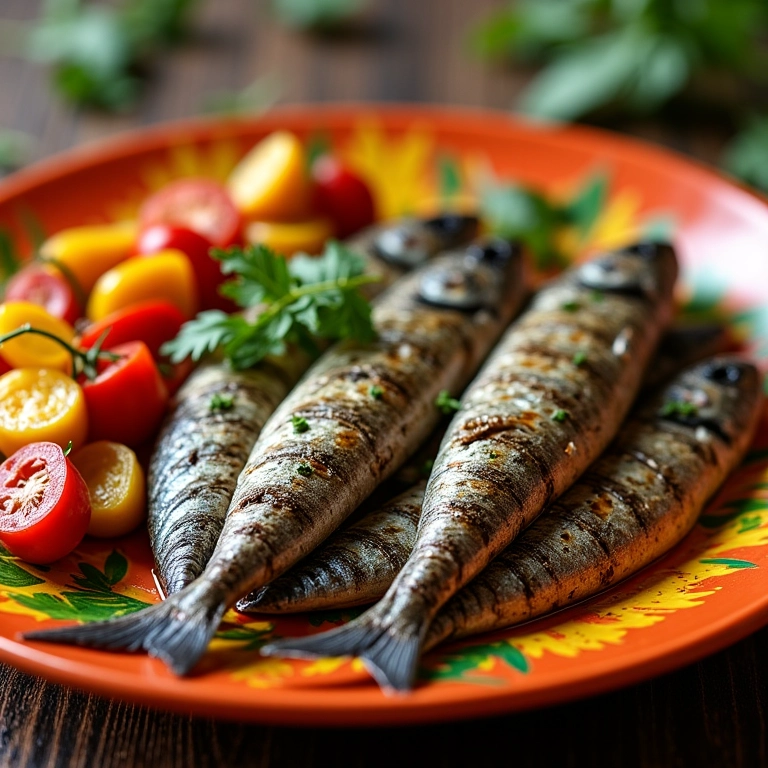 Sardinha assada com legumes mediterrâneos frescos.