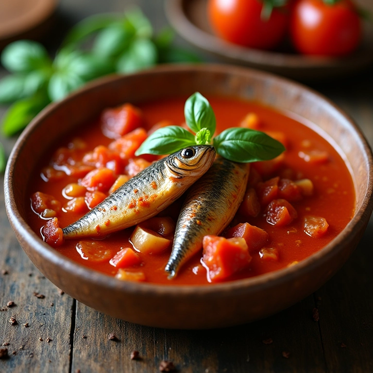 Sardinha assada com molho de tomate caseiro e manjericão.
