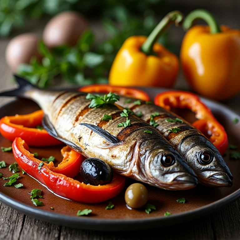 Sardinha assada com pimentões coloridos e azeitonas, receita vibrante.