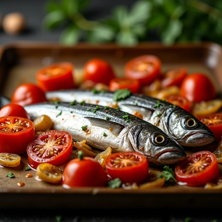 Sardinha assada com tomates e cebolas caramelizadas, receita saborosa.