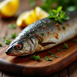 Sardinha assada suculenta com ervas frescas e limão.