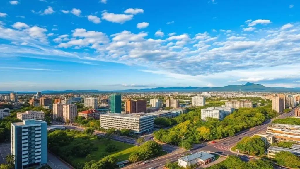 Scenic cityscape of Joinville, Brazil, featuring modern buildings and lush green spaces, Vista panorâmica de Joinville, cidade dos príncipes, Santa Catarina.