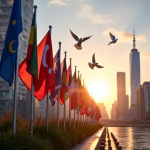 Quando Foi Fundada A ONU A Busca Pela Paz Mundial Sede da ONU em Nova York com bandeiras dos países membros e pombas brancas, simbolizando a busca pela paz mundial.