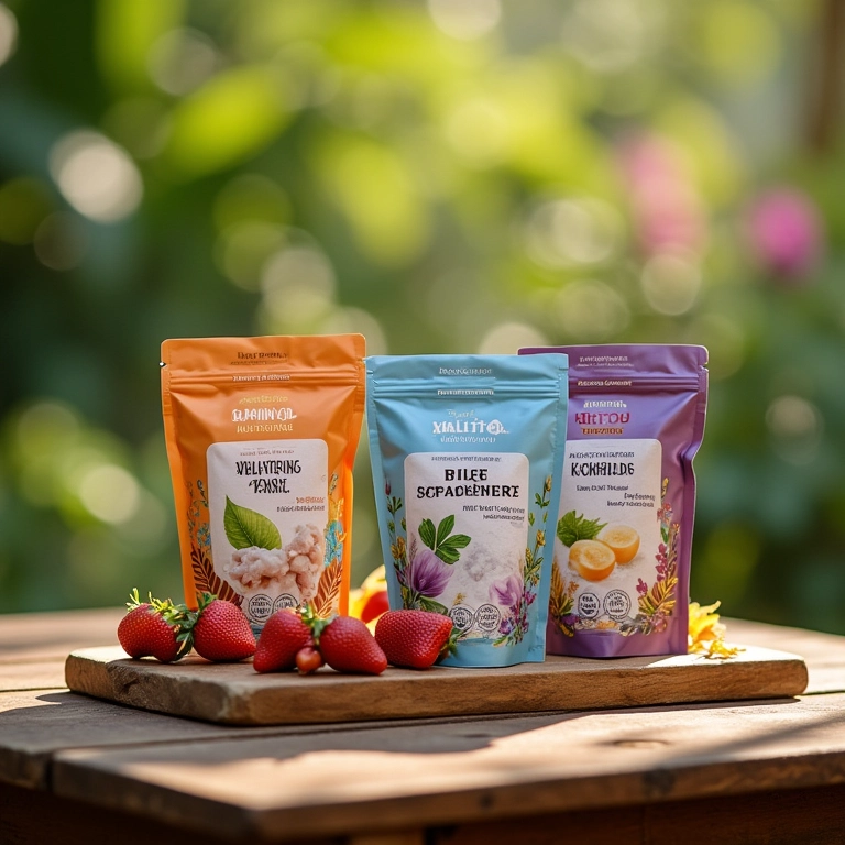 Seleção de adoçantes naturais da marca Xilitol Brasil em embalagens coloridas.