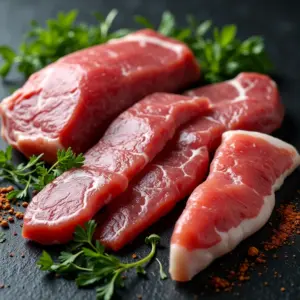 Seleção de carnes cruas com ervas e especiarias.