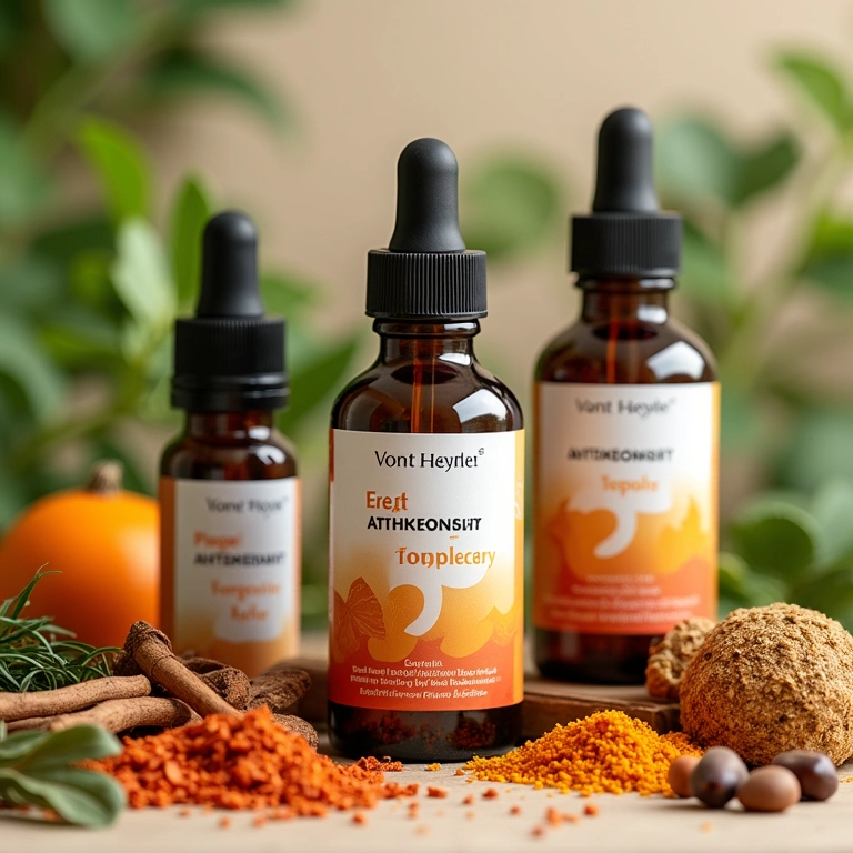 Seleção de frascos de suplementos antioxidantes com ingredientes naturais.