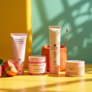 Seleção de produtos de beleza acessíveis de farmácia em uma bancada colorida.