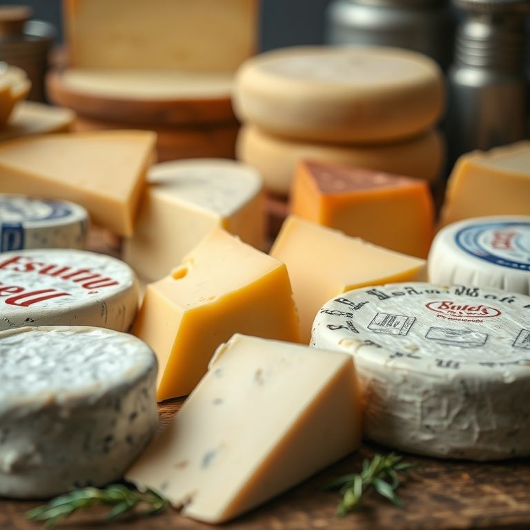 Seleção de queijos variados em uma mesa.