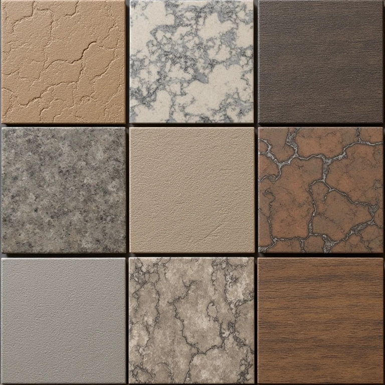 Seleção de revestimentos rancho: pedra, madeira, texturas, luz natural.