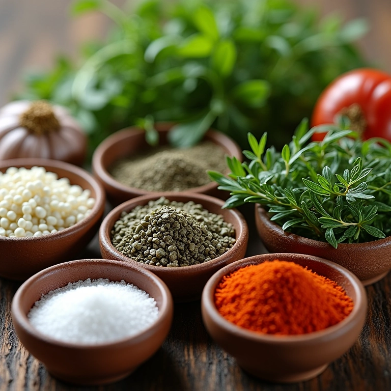 Seleção de temperos: alho, tomilho, alecrim, salsa, sal e pimenta.