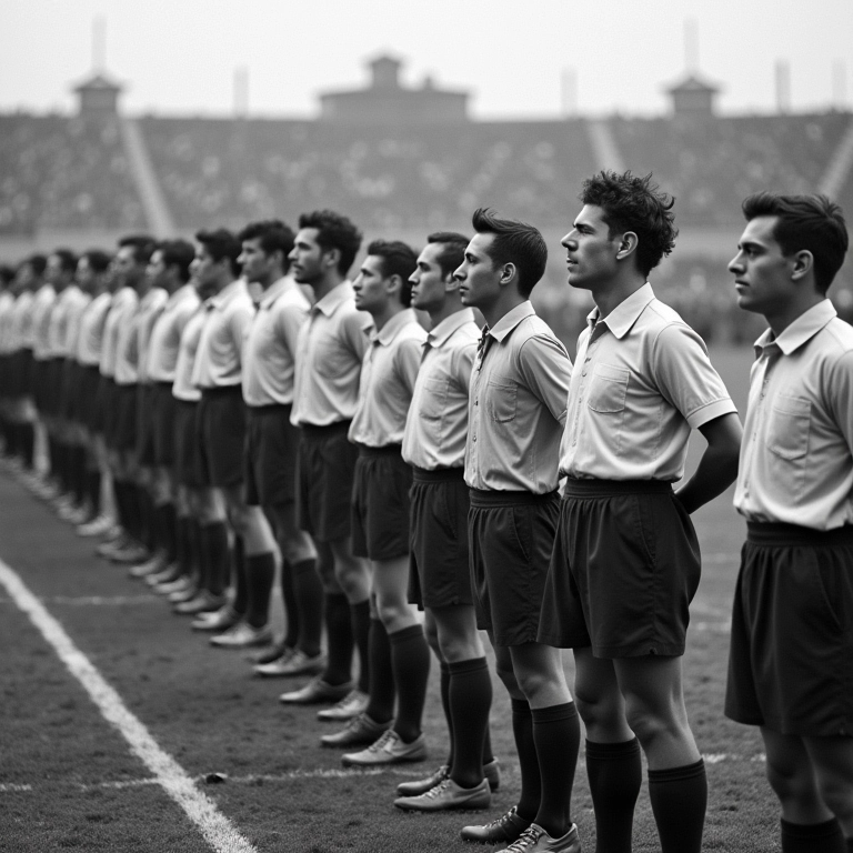 Seleções da primeira Copa do Mundo perfiladas antes da partida.