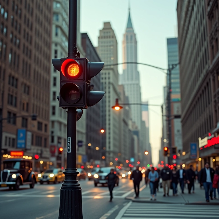 Semáforo elétrico em Detroit, década de 1920, carros antigos.