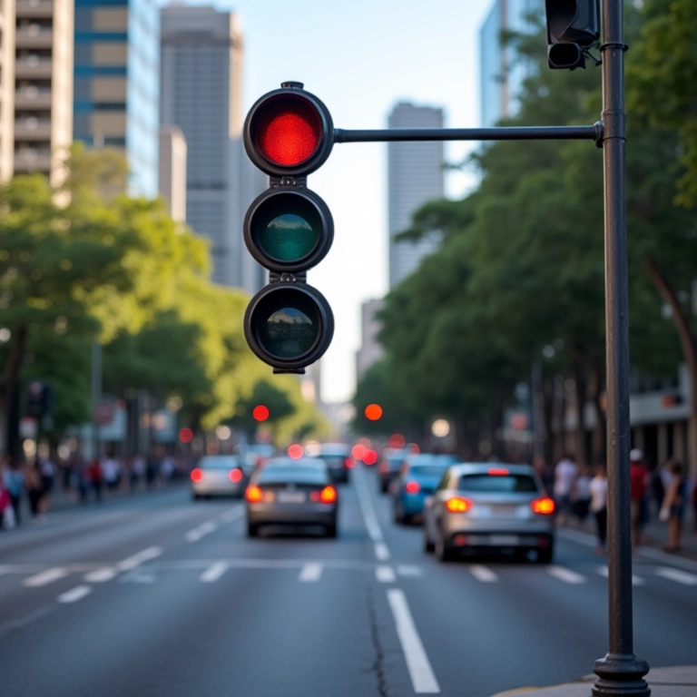 Semáforo moderno de três cores em São Paulo, trânsito parado.