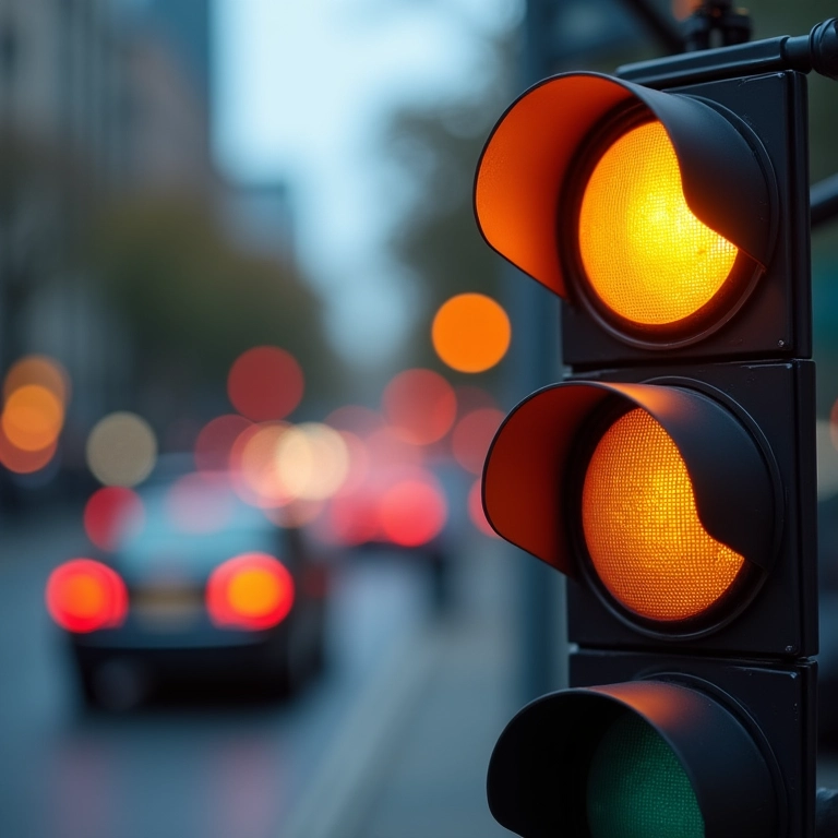 Semáforo mostrando a luz amarela, carros em movimento ao fundo.