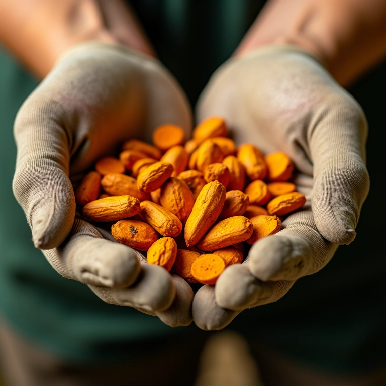 Sementes de açafrão-da-terra sendo seguradas nas mãos.