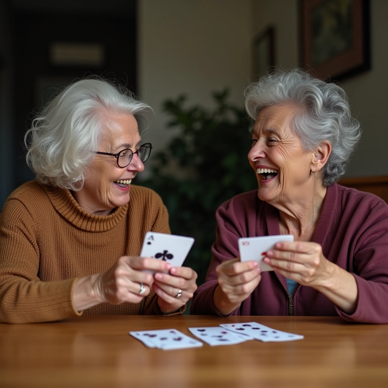 Senhoras brasileiras jogando cartas e rindo em casa.
