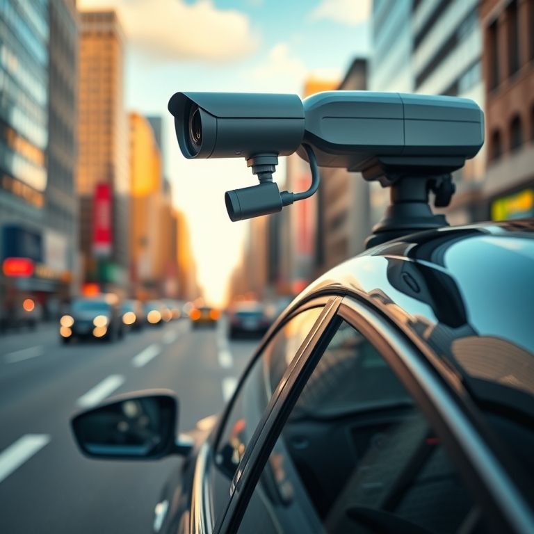 Sensores e câmeras integrados em um carro autônomo, capturando a cidade.