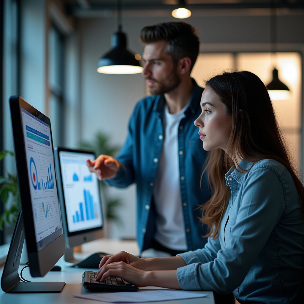 SEO specialist explaining website optimization to a client. Modern office, data analysis, SEO Agência de site com foco em SEO.