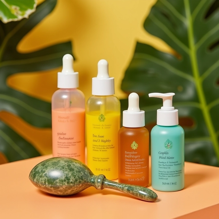 Séruns e óleos faciais ao lado de jade roller e gua sha em uma mesa.
