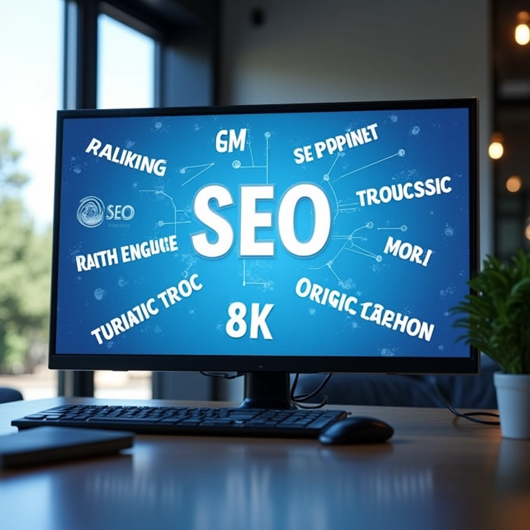 Serviços de SEO exibidos em uma tela, mostrando rankings e tráfego orgânico.