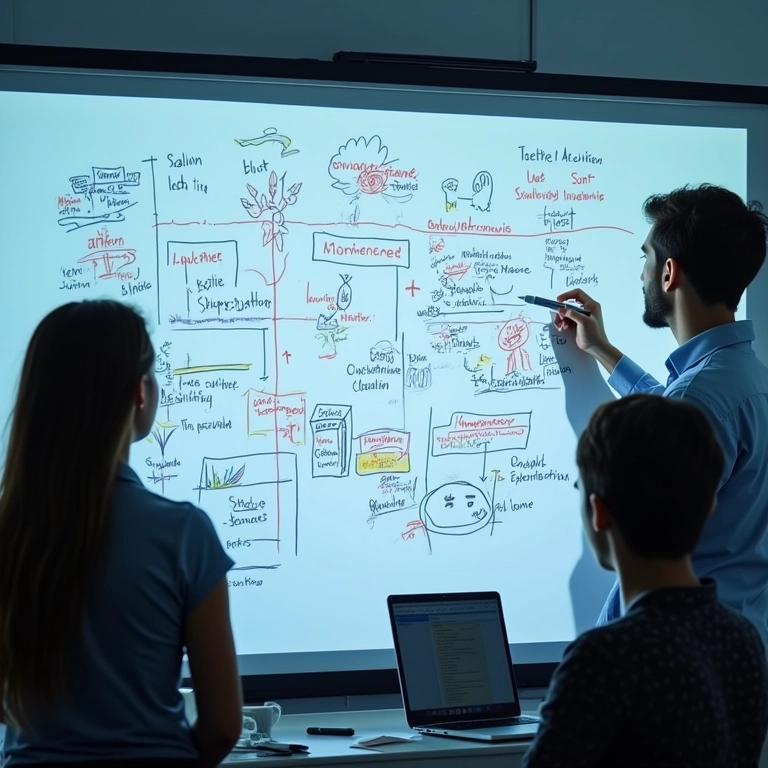 Sessão de brainstorming criativo com prompts de IA em um quadro branco, incentivando a experimentação.