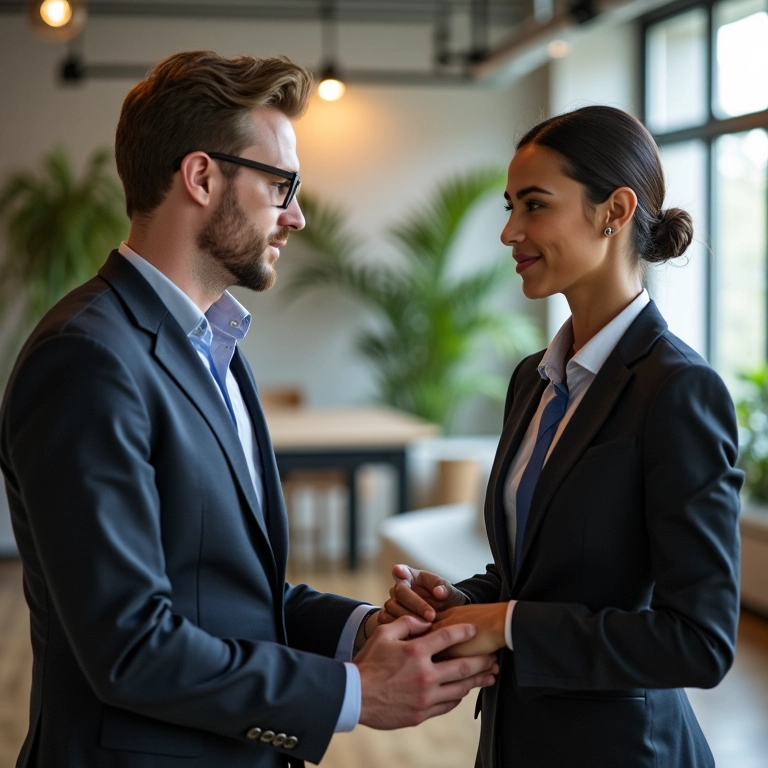 Sessão de mentoria entre profissional experiente e jovem empreendedor em escritório moderno.