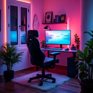 Setup de espaço gamer vibrante com mesa ergonômica e cadeira confortável.