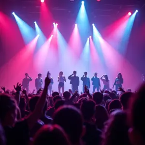 Show de K-pop vibrante com artistas performando no palco e público animado.